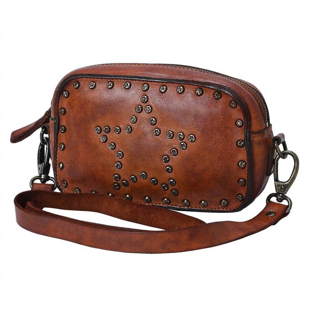 NEW SPAGHETTI WESTERN women's becca studded leather crossbody bag in brown